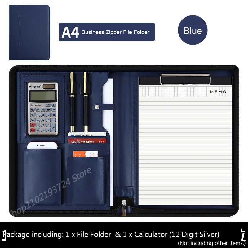 Executive A4 Leather Portfolio Folder – Zippered PU Leather Padfolio | With or Without Calculator | Black, Bronze, Blue & Brown
