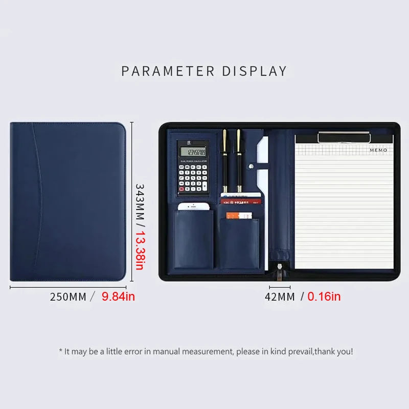 Executive A4 Leather Portfolio Folder – Zippered PU Leather Padfolio | With or Without Calculator | Black, Bronze, Blue & Brown