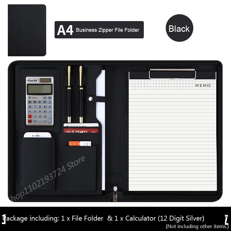 Executive A4 Leather Portfolio Folder – Zippered PU Leather Padfolio | With or Without Calculator | Black, Bronze, Blue & Brown