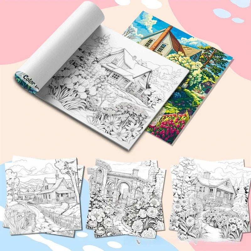 Idyll – Adult Coloring Book | Cottages, Gardens & Nature Scenes for Relaxation