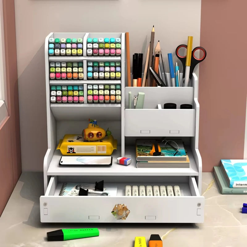 Wooden Pen & Stationery Desk Organizer — Multi-Compartment Desktop Storage for Home & Office