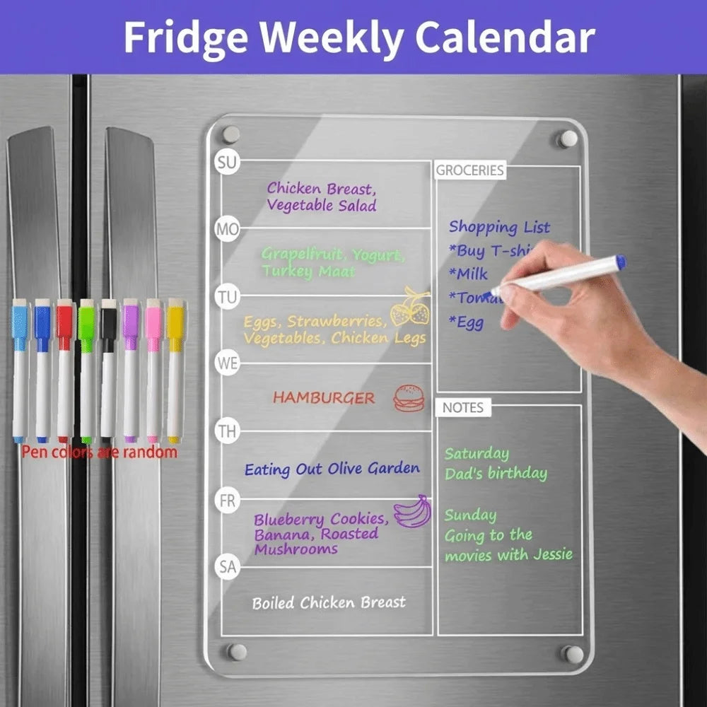 Magnetic Acrylic Fridge Weekly Calendar – Frameless Transparent Dry-Erase Planner | 7-Day Meal & Grocery Board | 8 Markers Included