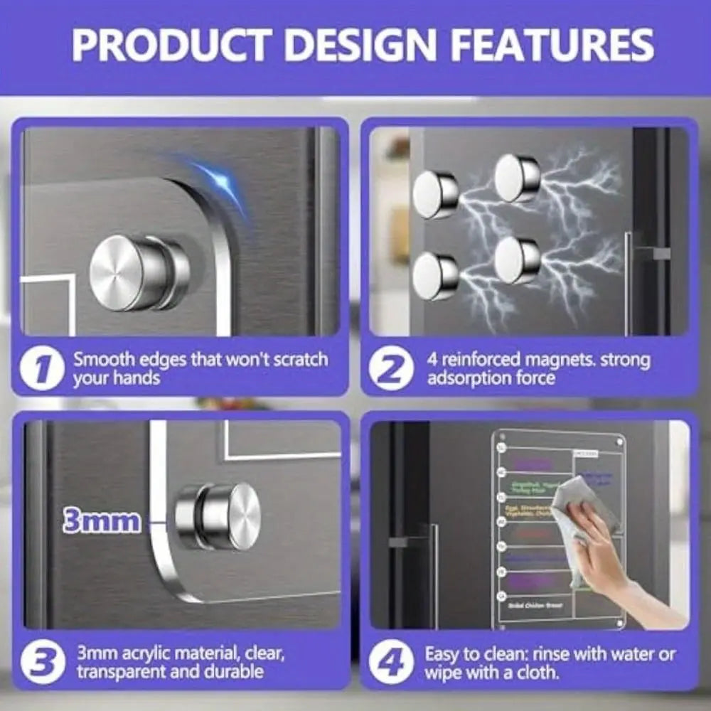 Magnetic Acrylic Fridge Weekly Calendar – Frameless Transparent Dry-Erase Planner | 7-Day Meal & Grocery Board | 8 Markers Included