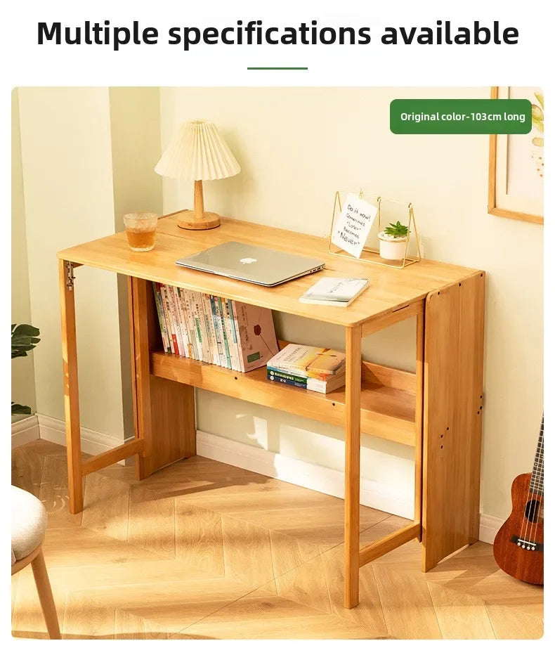 Foldable Bamboo Desk with Built-In Storage Shelf – No-Assembly Space-Saving Study & Computer Desk for Bedroom & Small Spaces