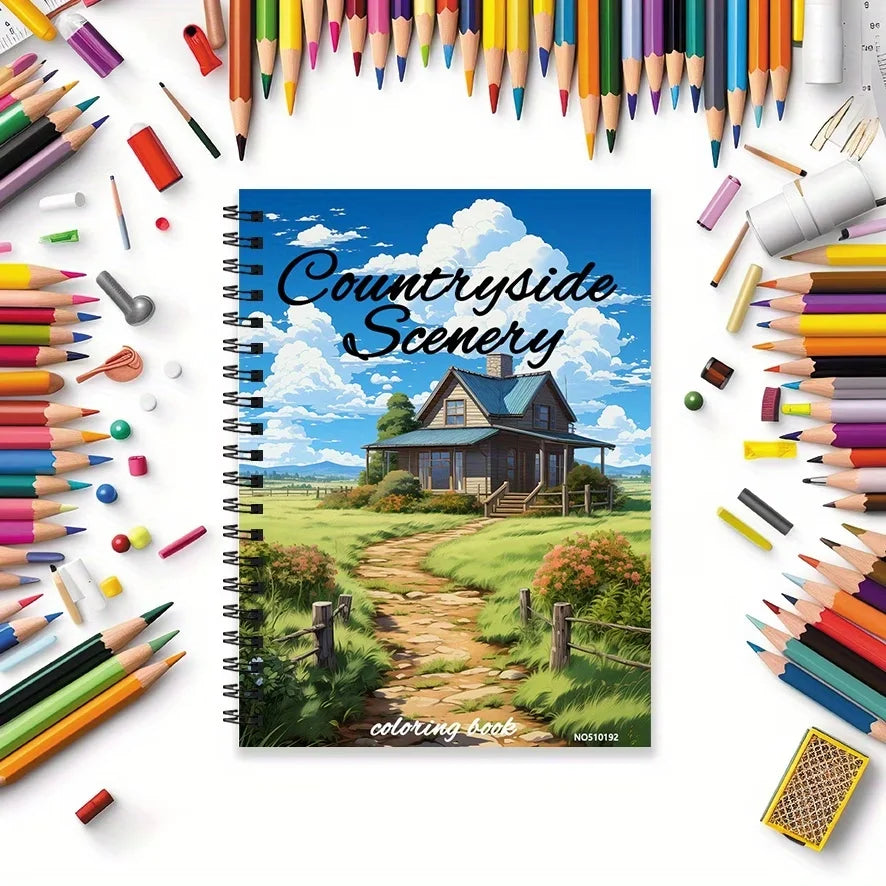 Countryside Scenery Adult Coloring Book — 32 Pages of Peaceful Landscapes for Stress Relief