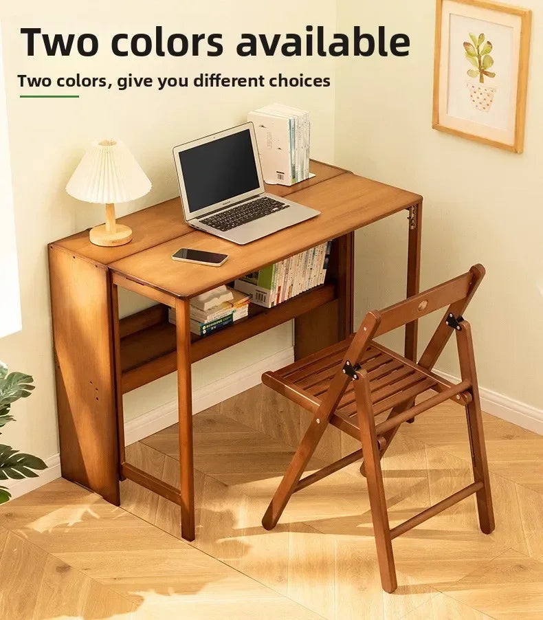 Foldable Bamboo Desk with Built-In Storage Shelf – No-Assembly Space-Saving Study & Computer Desk for Bedroom & Small Spaces