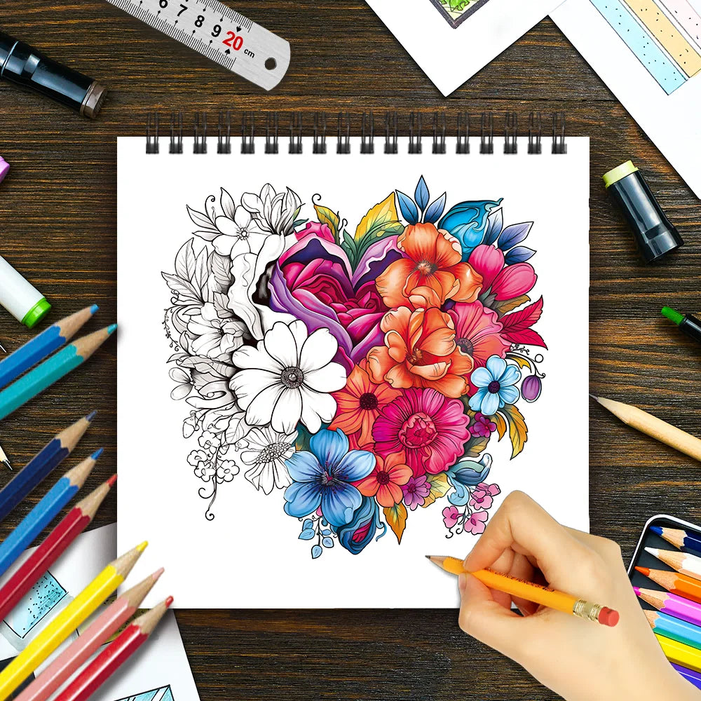 Adult level Spiral Coloring Book - 30 Sheets Floral Designs with Light Shading | 8.3x8.3" | Birthday & Holiday Gift