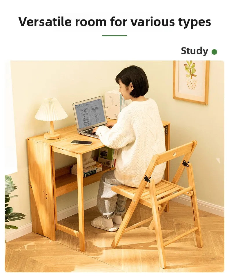 Foldable Bamboo Desk with Built-In Storage Shelf – No-Assembly Space-Saving Study & Computer Desk for Bedroom & Small Spaces