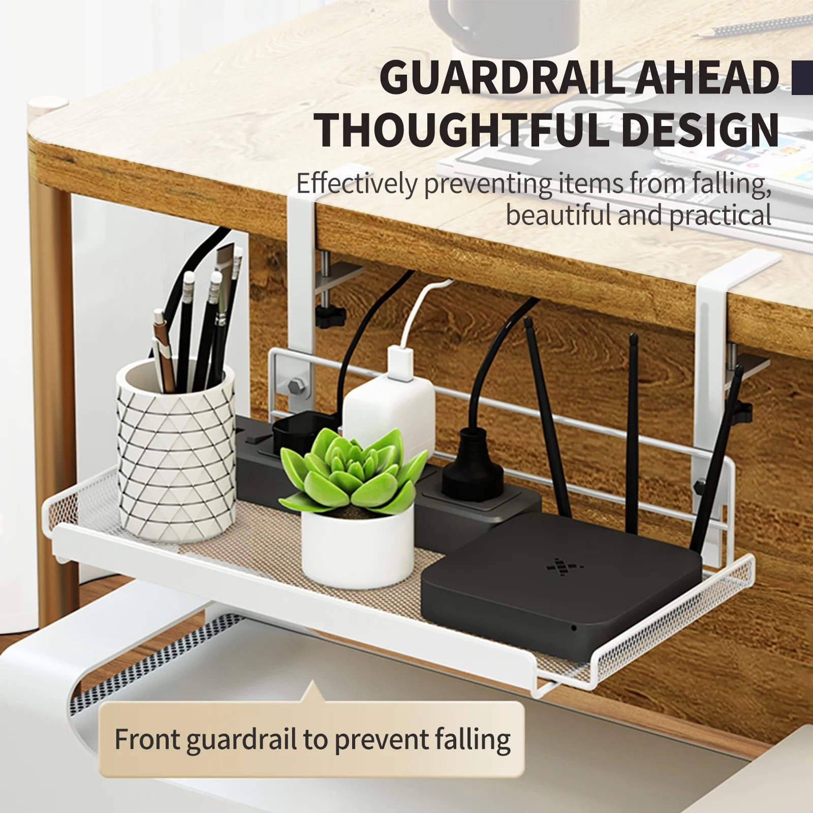 Under-Desk Hanging Storage Rack - Multi-Compartment Organizer | Small or Large | White or Black | Office & Home Workstation