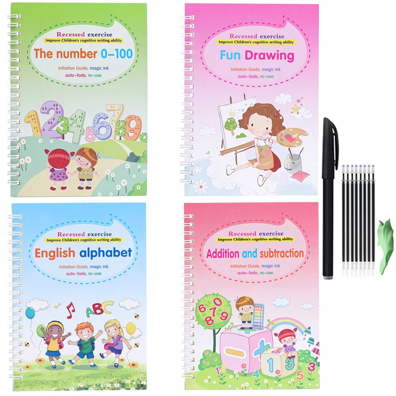 Magic Reusable Writing Practice Books | 4-Book Set with Auto-Disappearing Ink Pen