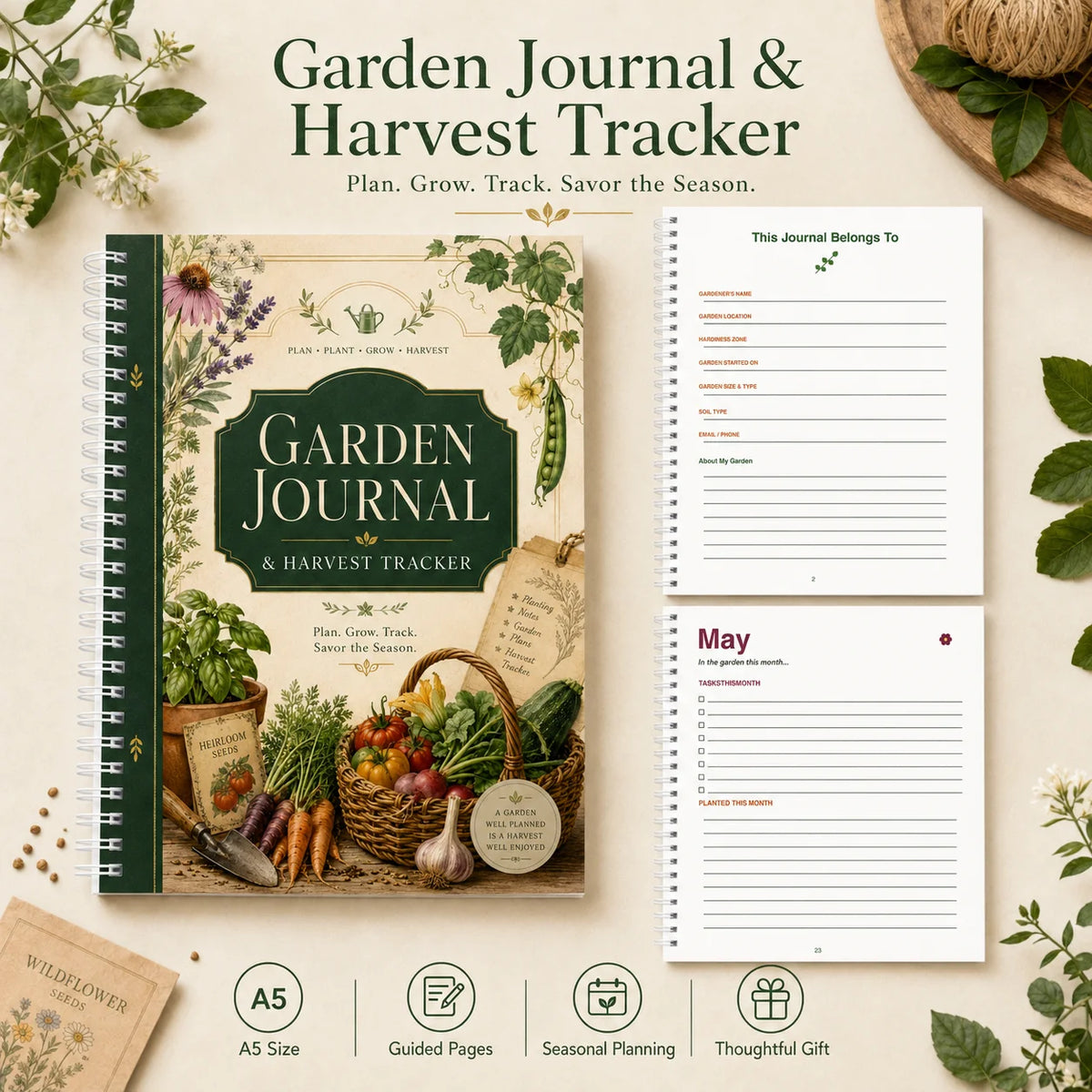 Garden Journal & Harvest Tracker – A5 Spiral Planner Notebook | Guided Pages for Gardeners & Plant Lovers | Gardening Gift