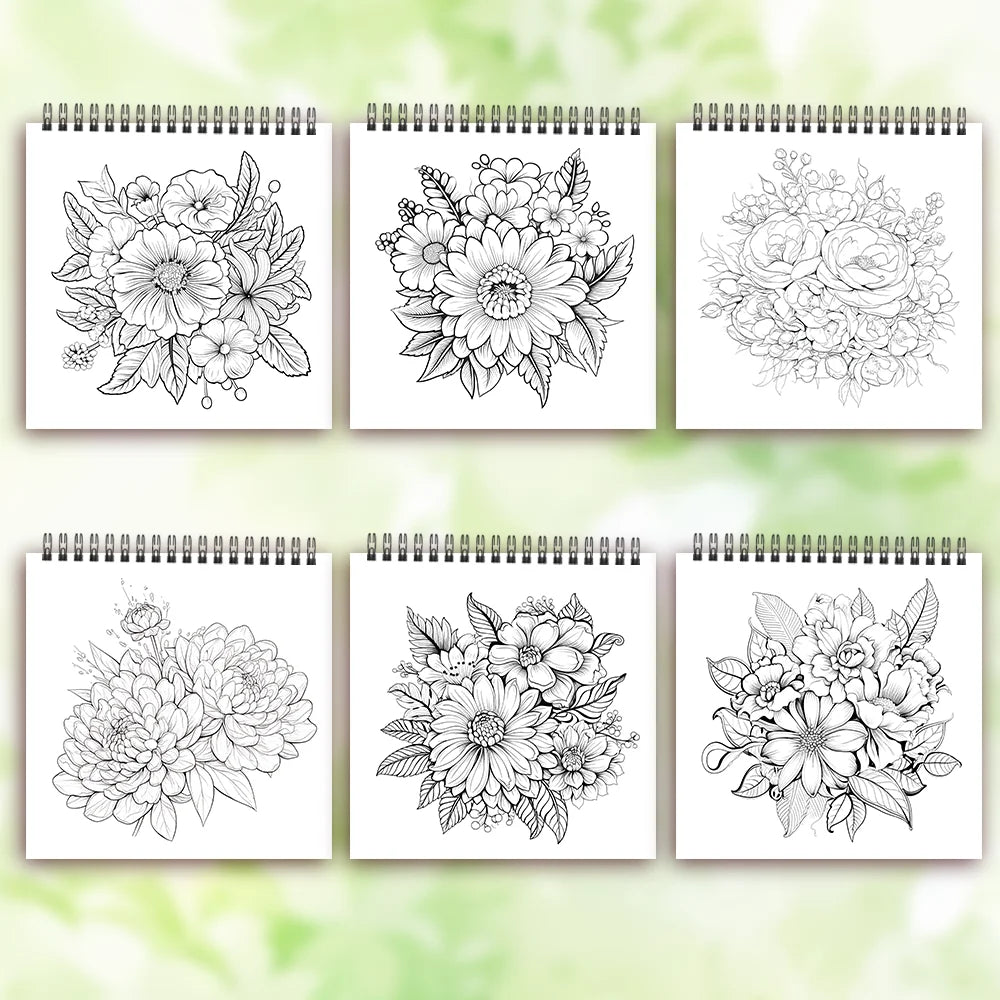 Adult level Spiral Coloring Book - 30 Sheets Floral Designs with Light Shading | 8.3x8.3" | Birthday & Holiday Gift