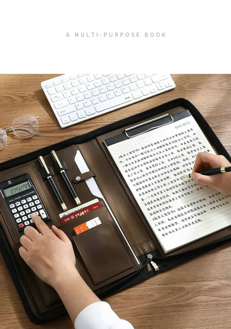 Executive A4 Leather Portfolio Folder – Zippered PU Leather Padfolio | With or Without Calculator | Black, Bronze, Blue & Brown