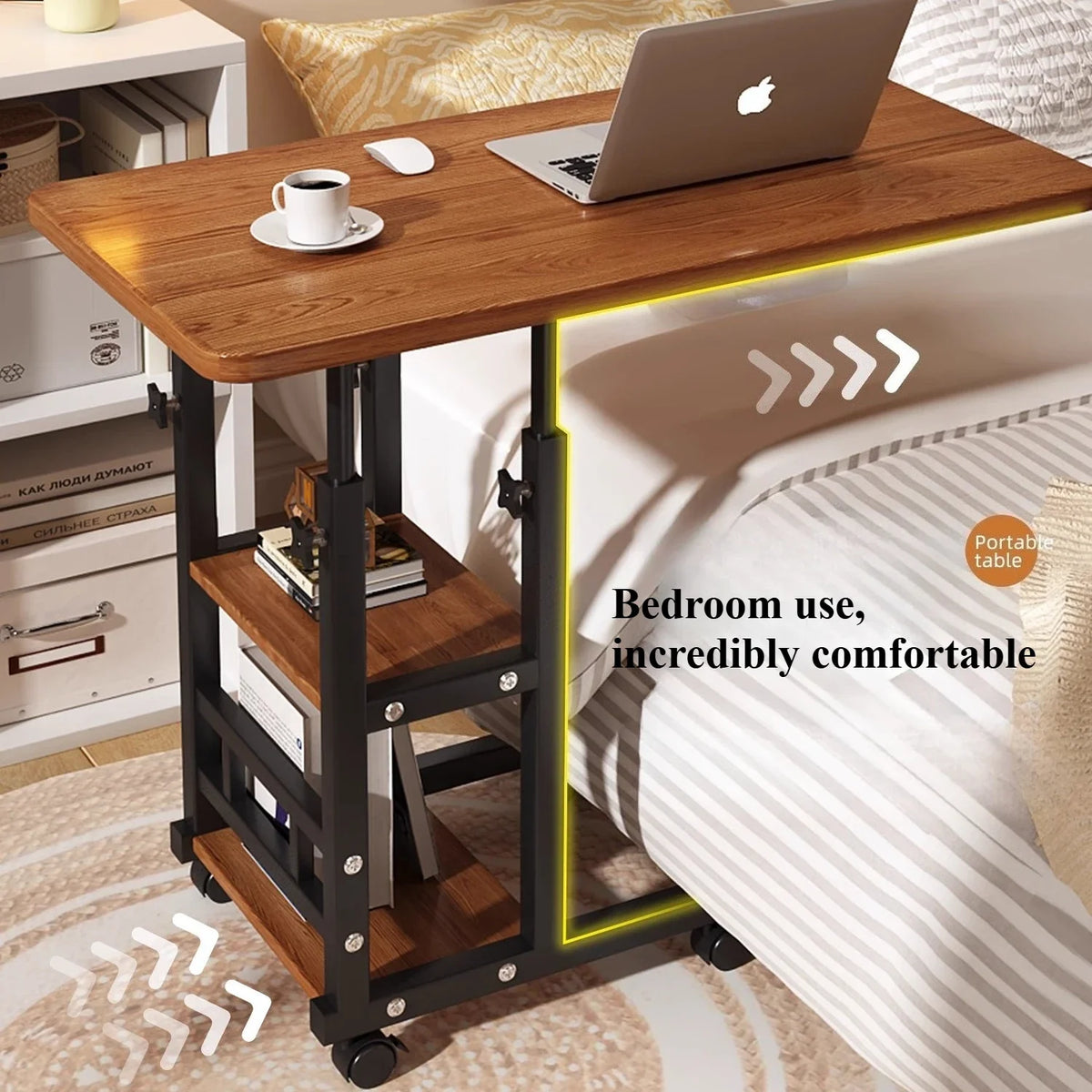 Rolling Height-Adjustable Desk with Storage Shelves – Overbed, Bedside & Study Table for Bedroom, Dorm & Home Office