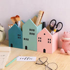 Wooden House Pen Holder - Cute Bookshelf-Style Desktop Organizer & Storage Box
