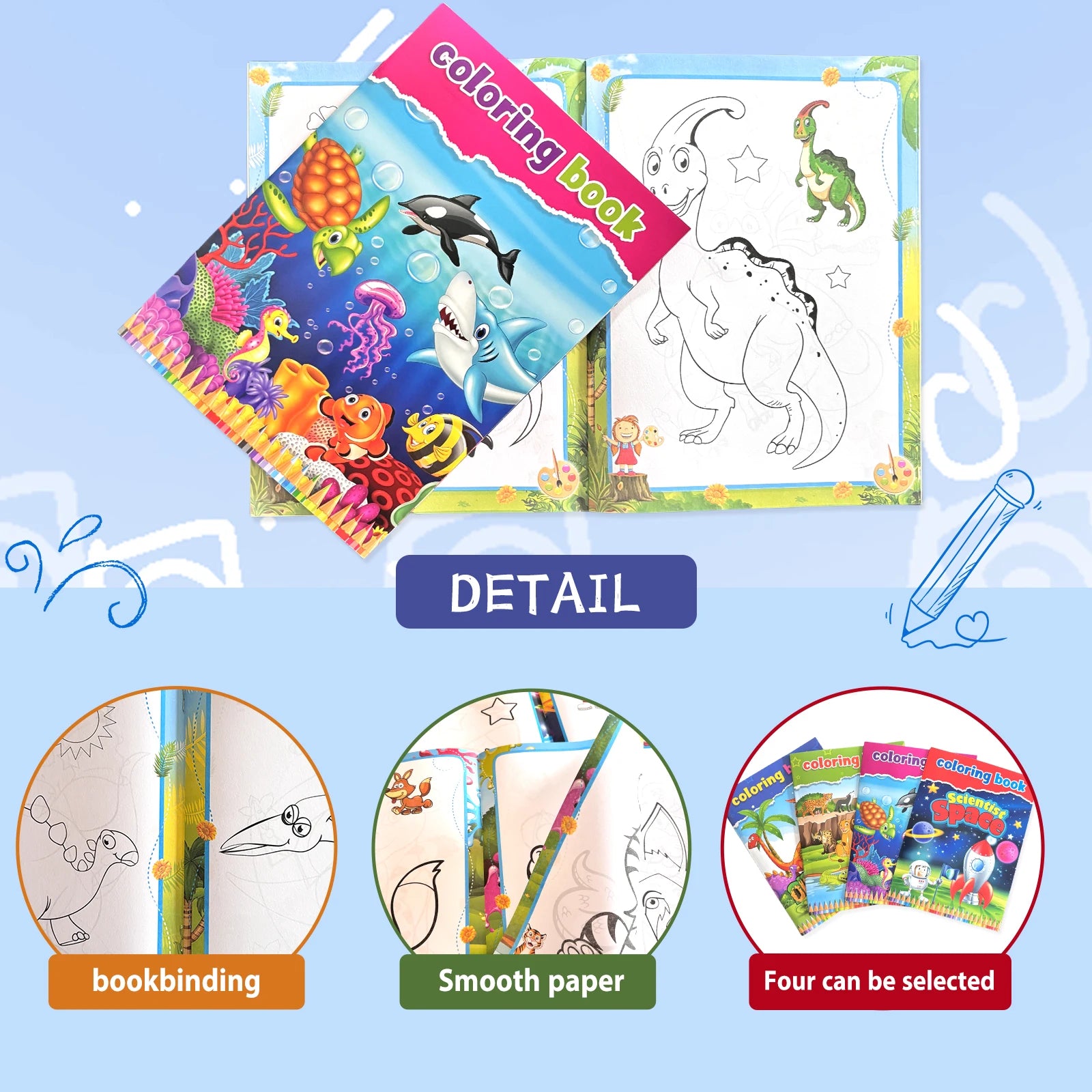 Children's Coloring Book Set – Ocean, Animals, Space & Dinosaurs | Educational Art Gift for Kids