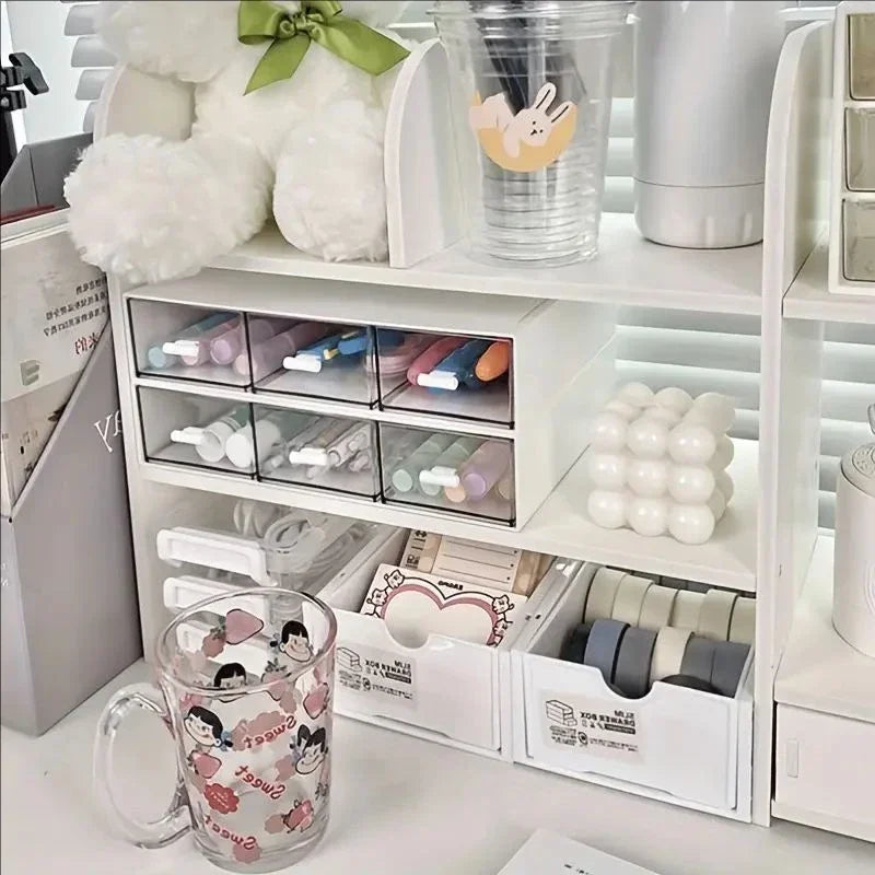 Double-Layer Desktop Stationery Organizer in White | Multi-Compartment Storage Shelf | Office & School Desk Essential
