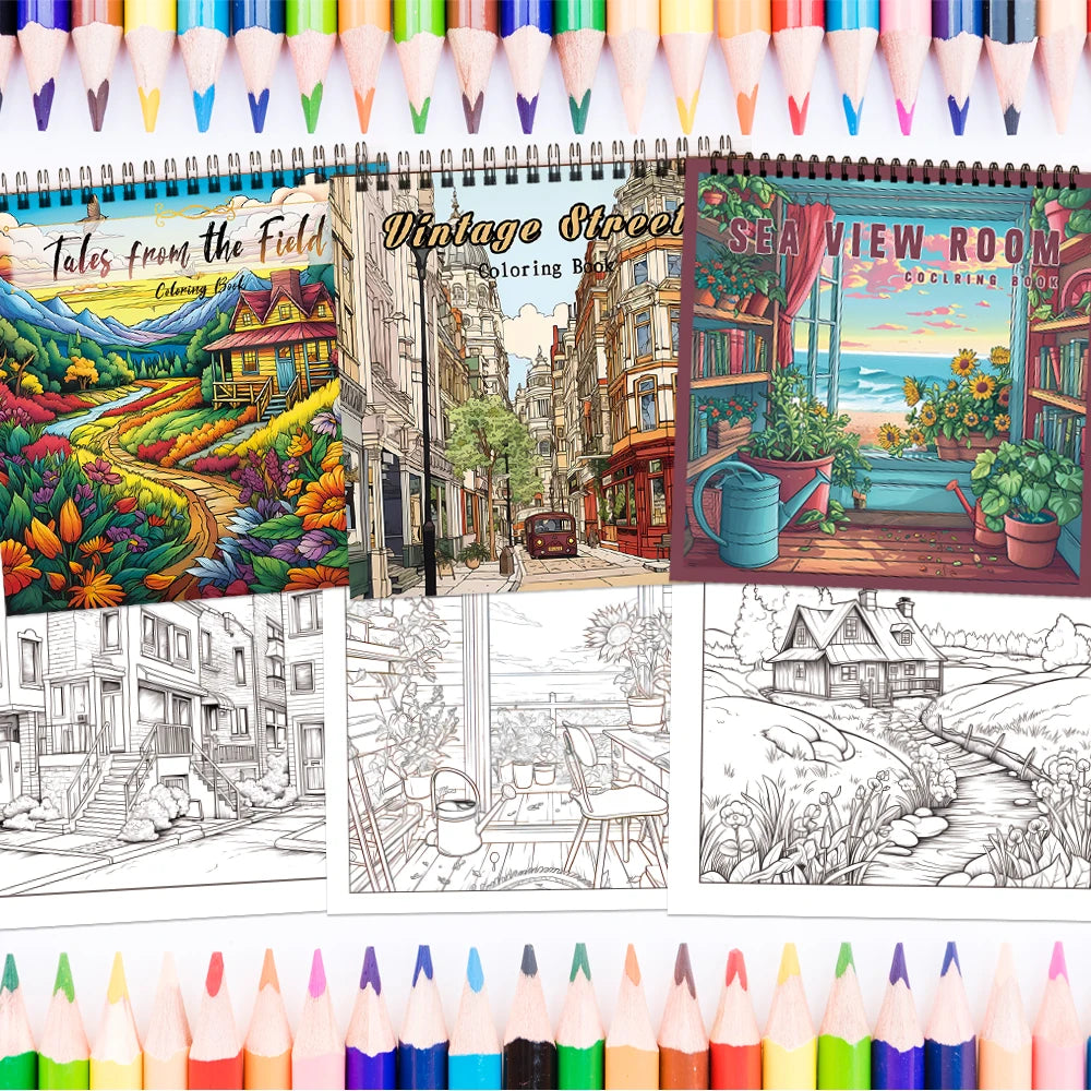 Cartoon Landscape Coloring Books Set of 3 – Vintage Streets, Tales from the Field & Sea View Room | Spiral-Bound, 30 Pages Each