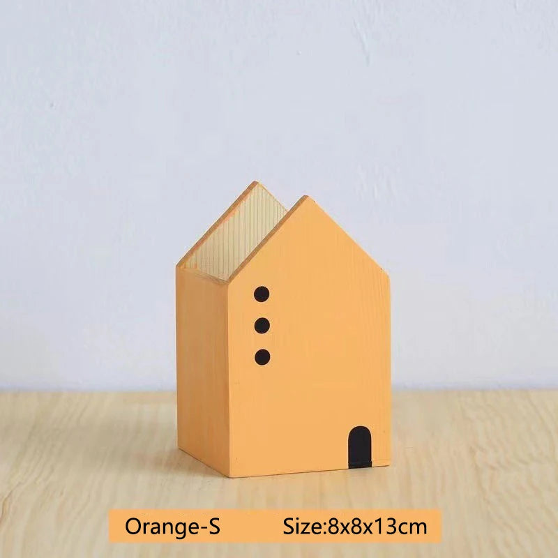 Wooden House Pen Holder - Cute Bookshelf-Style Desktop Organizer & Storage Box