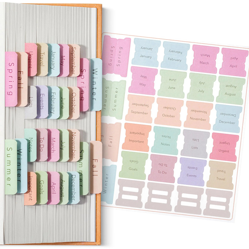 Planner Tabs Set – 84 Pieces | Monthly, Seasonal & Category Index Tabs | Pastel Colors | 12 Blank Tabs to Customize