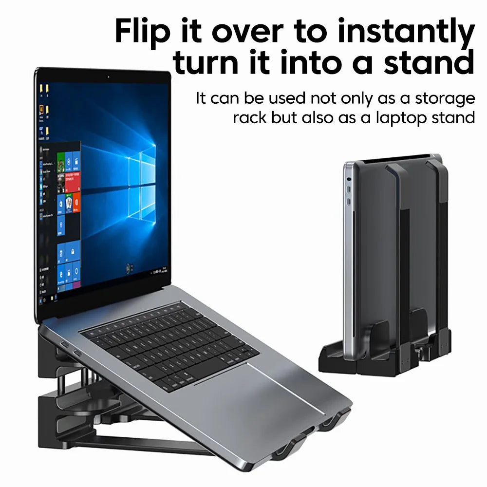 2-in-1 Foldable Laptop Stand & Vertical Storage Rack – Adjustable, Foldable | MacBook, iPad, Tablet & Phone