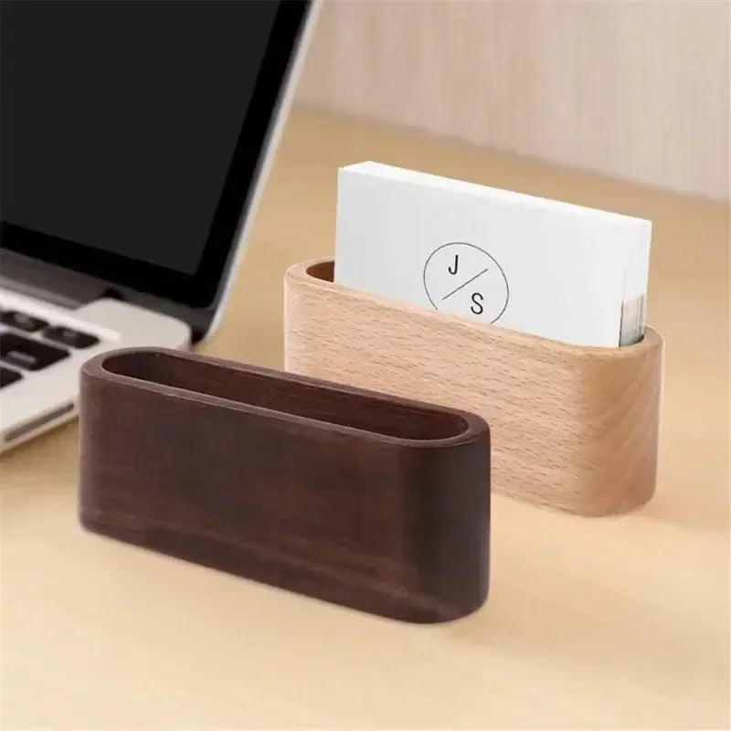 Wooden Business Card Holder - Premium Desk Organizer in Beech & Walnut