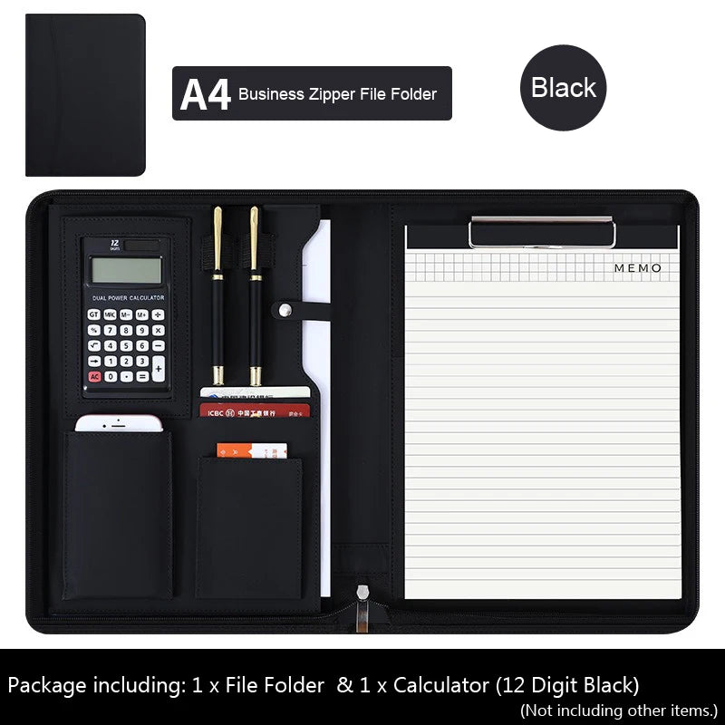 Executive A4 Leather Portfolio Folder – Zippered PU Leather Padfolio | With or Without Calculator | Black, Bronze, Blue & Brown