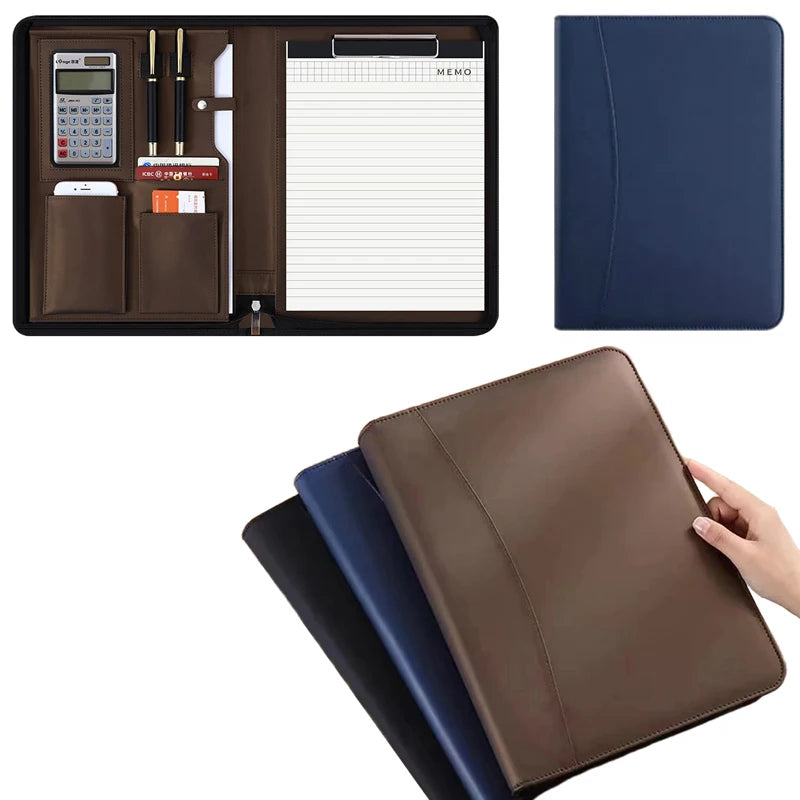 Executive A4 Leather Portfolio Folder – Zippered PU Leather Padfolio | With or Without Calculator | Black, Bronze, Blue & Brown