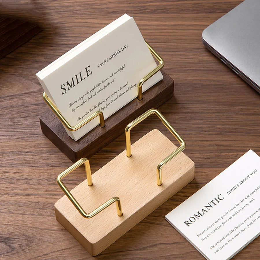 Wooden Business Card Holder with Gold Wire Stand – Desk Organizer Display | Beech or Walnut