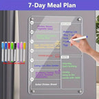 Magnetic Acrylic Fridge Weekly Calendar – Frameless Transparent Dry-Erase Planner | 7-Day Meal & Grocery Board | 8 Markers Included