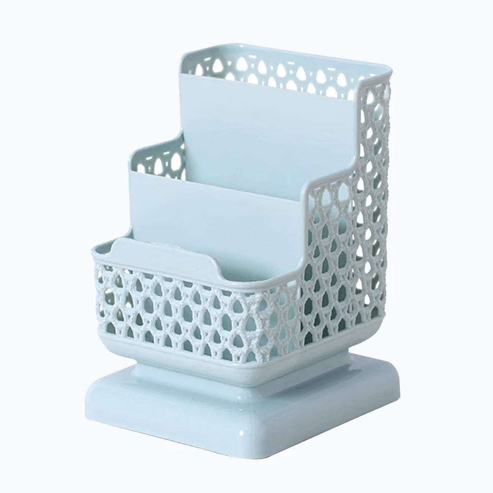 3-Tier Hollow Desk Organizer – Pens, Cards, Phone & Keys | Rattan-Style PP | Pink, Blue & White
