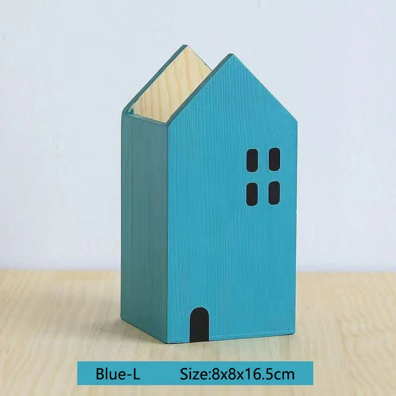 Wooden House Pen Holder - Cute Bookshelf-Style Desktop Organizer & Storage Box