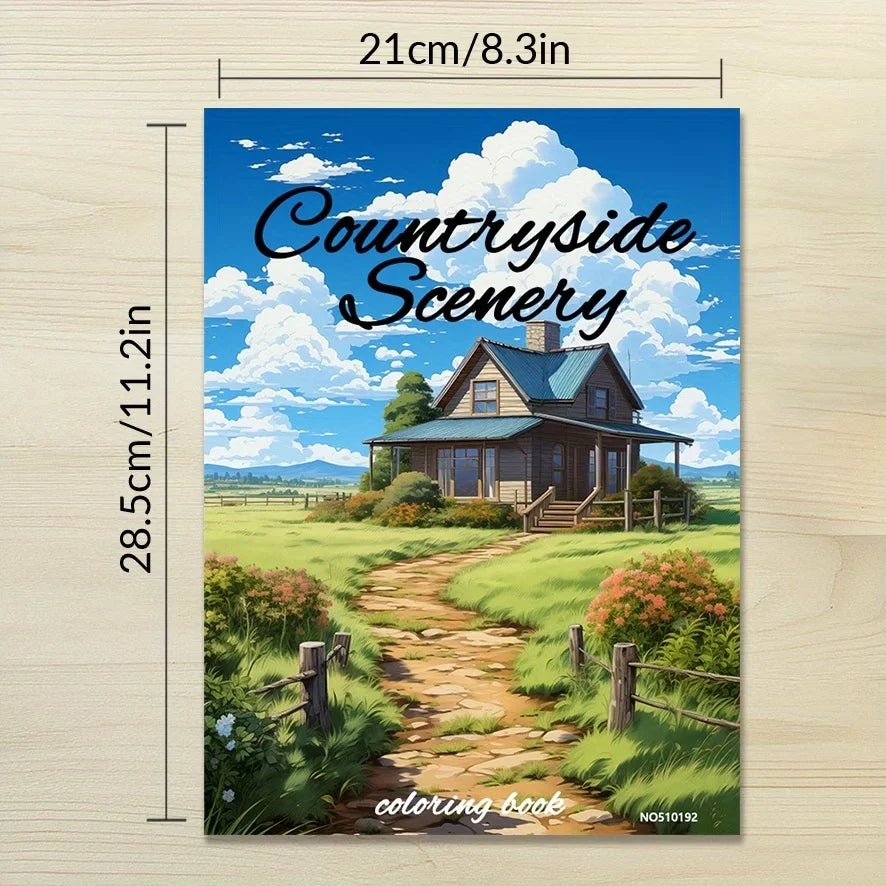 Countryside Scenery Adult Coloring Book — 32 Pages of Peaceful Landscapes for Stress Relief