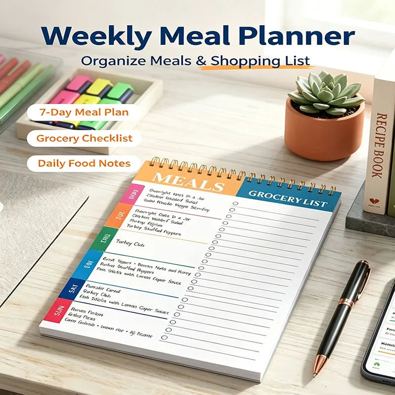 Weekly Meal Planner Notepad – 50 Sheets Tear-Off | 7-Day Meal Plan & Grocery Checklist | Stands Upright | Ink-Resistant Paper