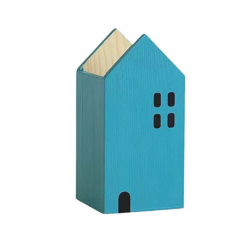 Wooden House Pen Holder - Cute Bookshelf-Style Desktop Organizer & Storage Box