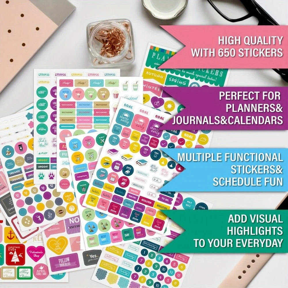 Aesthetic Planner Stickers – 12 Sheets | 650 or 720 Stickers | Holidays, Goals, Quotes, Habits, Finance & More