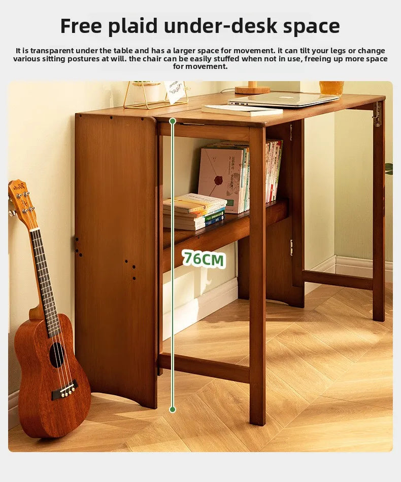 Foldable Bamboo Desk with Built-In Storage Shelf – No-Assembly Space-Saving Study & Computer Desk for Bedroom & Small Spaces