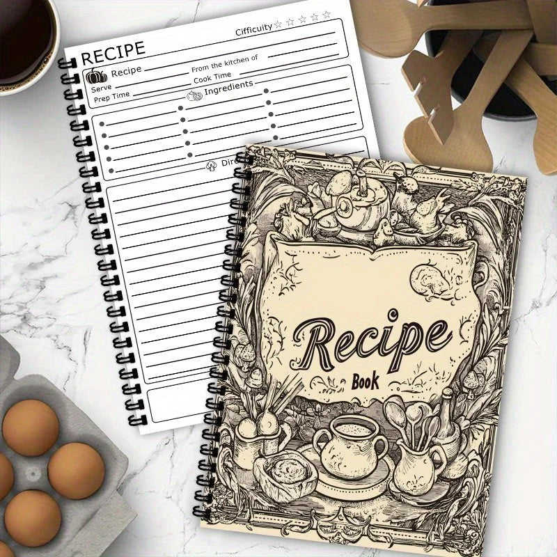 Vintage Recipe Book – A5 Spiral | 100 Pages with Kitchen Conversions | Antique Engraving Cover for Home Cooks & Bakers