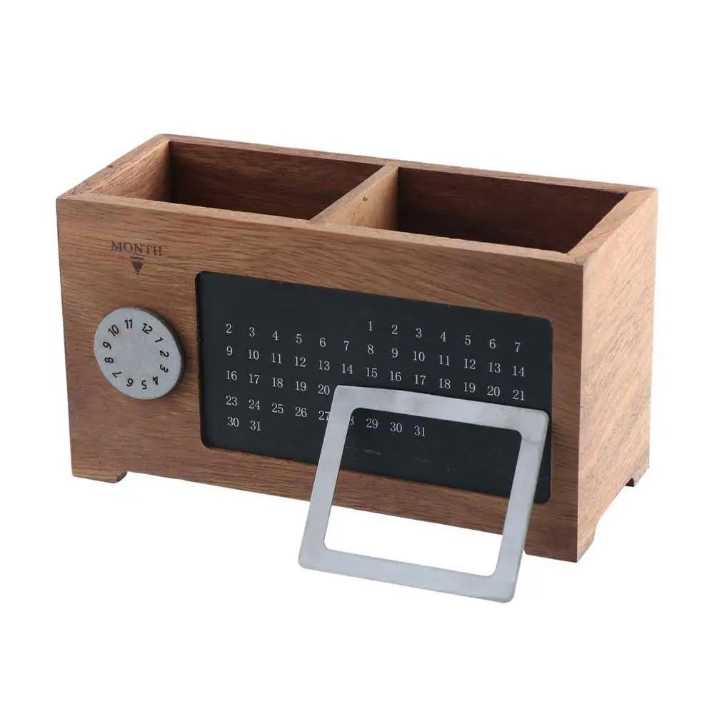 Wooden Pen Holder with Date Reminder — Elegant Desktop Organizer in Beech or Walnut