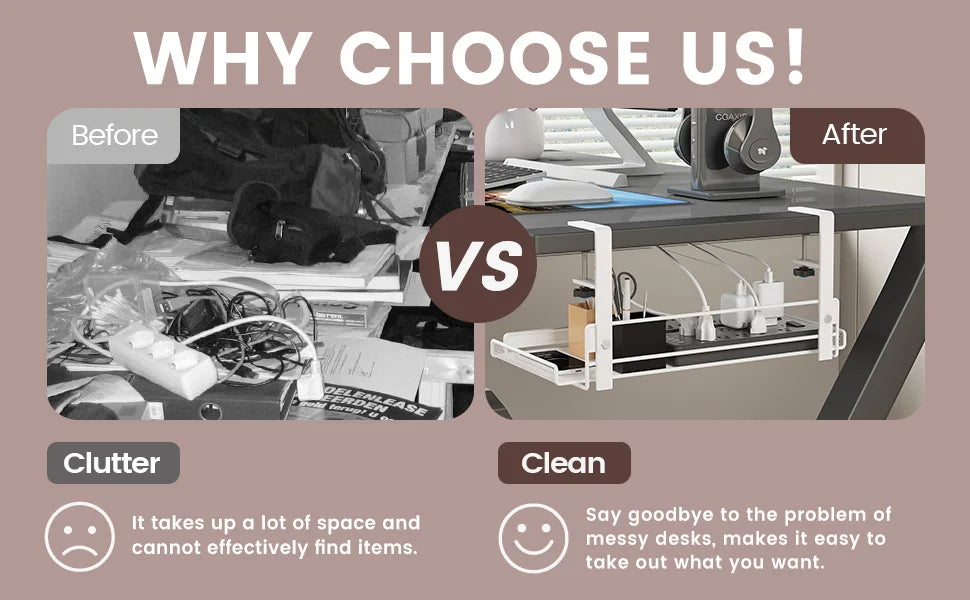 Under-Desk Hanging Storage Rack - Multi-Compartment Organizer | Small or Large | White or Black | Office & Home Workstation