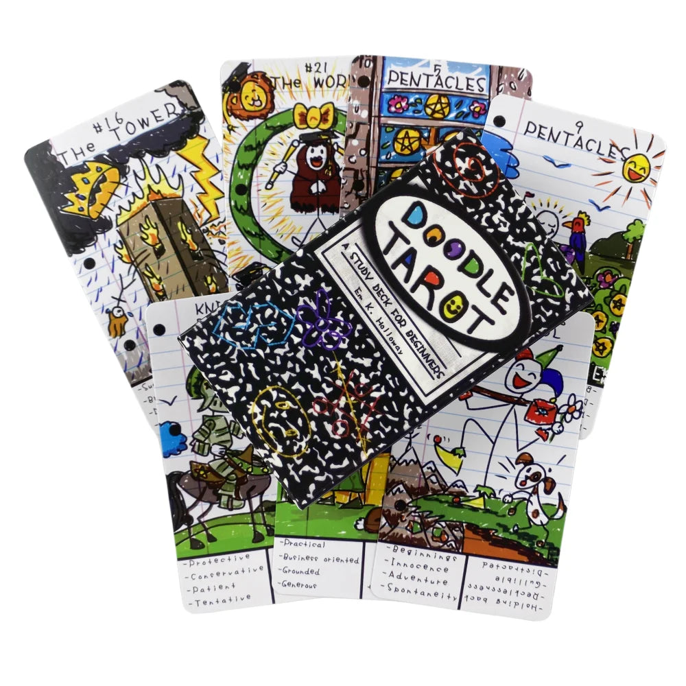 Doodle Tarot by Em K. Holloway - 78 Card Study Deck for Beginners | Keywords on Every Card | Wicked Hollow