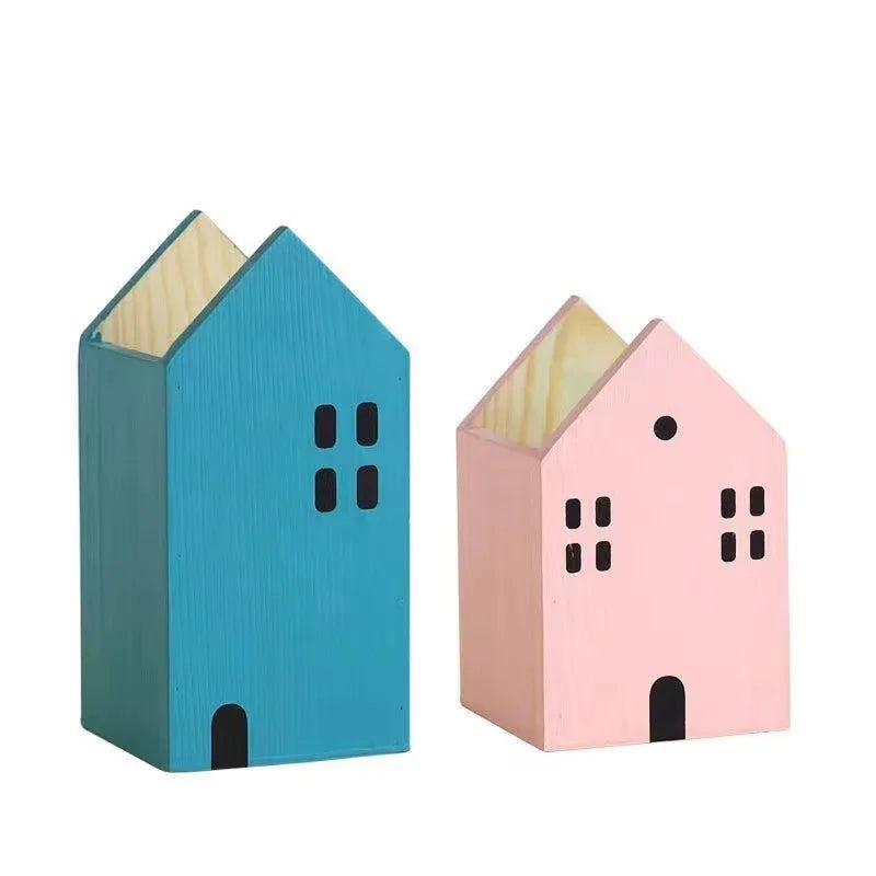 Wooden House Pen Holder - Cute Bookshelf-Style Desktop Organizer & Storage Box