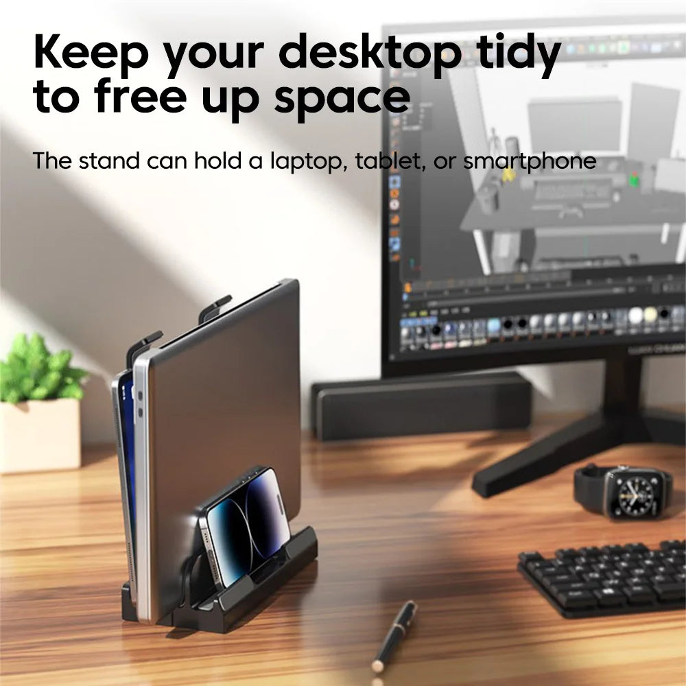 2-in-1 Foldable Laptop Stand & Vertical Storage Rack – Adjustable, Foldable | MacBook, iPad, Tablet & Phone