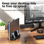 2-in-1 Foldable Laptop Stand & Vertical Storage Rack – Adjustable, Foldable | MacBook, iPad, Tablet & Phone