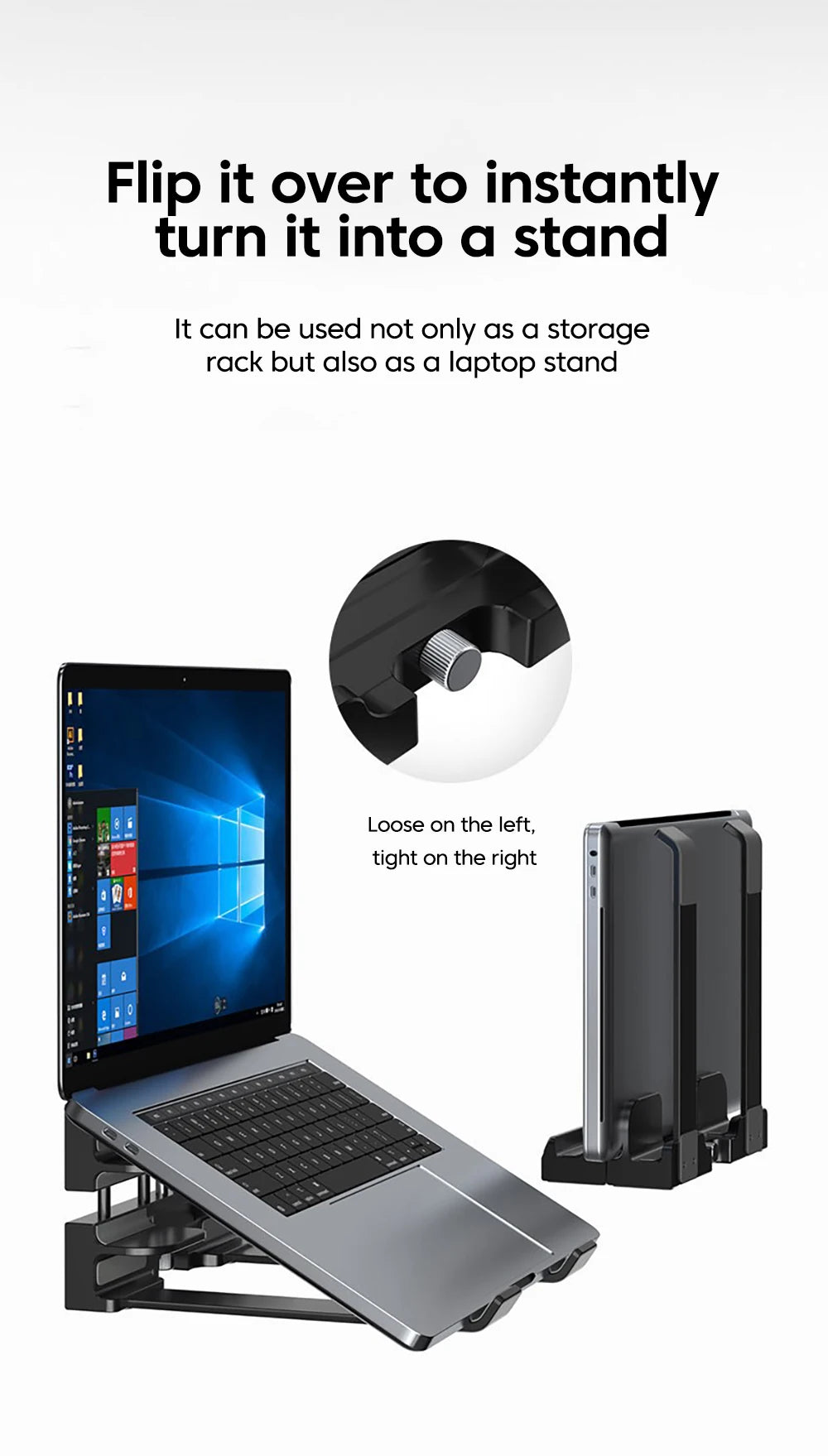 2-in-1 Foldable Laptop Stand & Vertical Storage Rack – Adjustable, Foldable | MacBook, iPad, Tablet & Phone