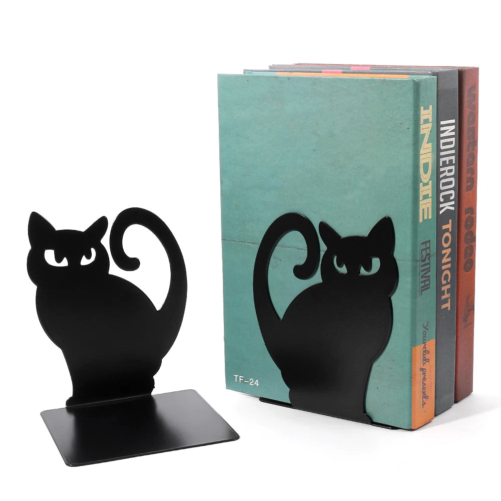 Black Cat Bookends — Heavy Iron Book Stand for Shelf & Desk