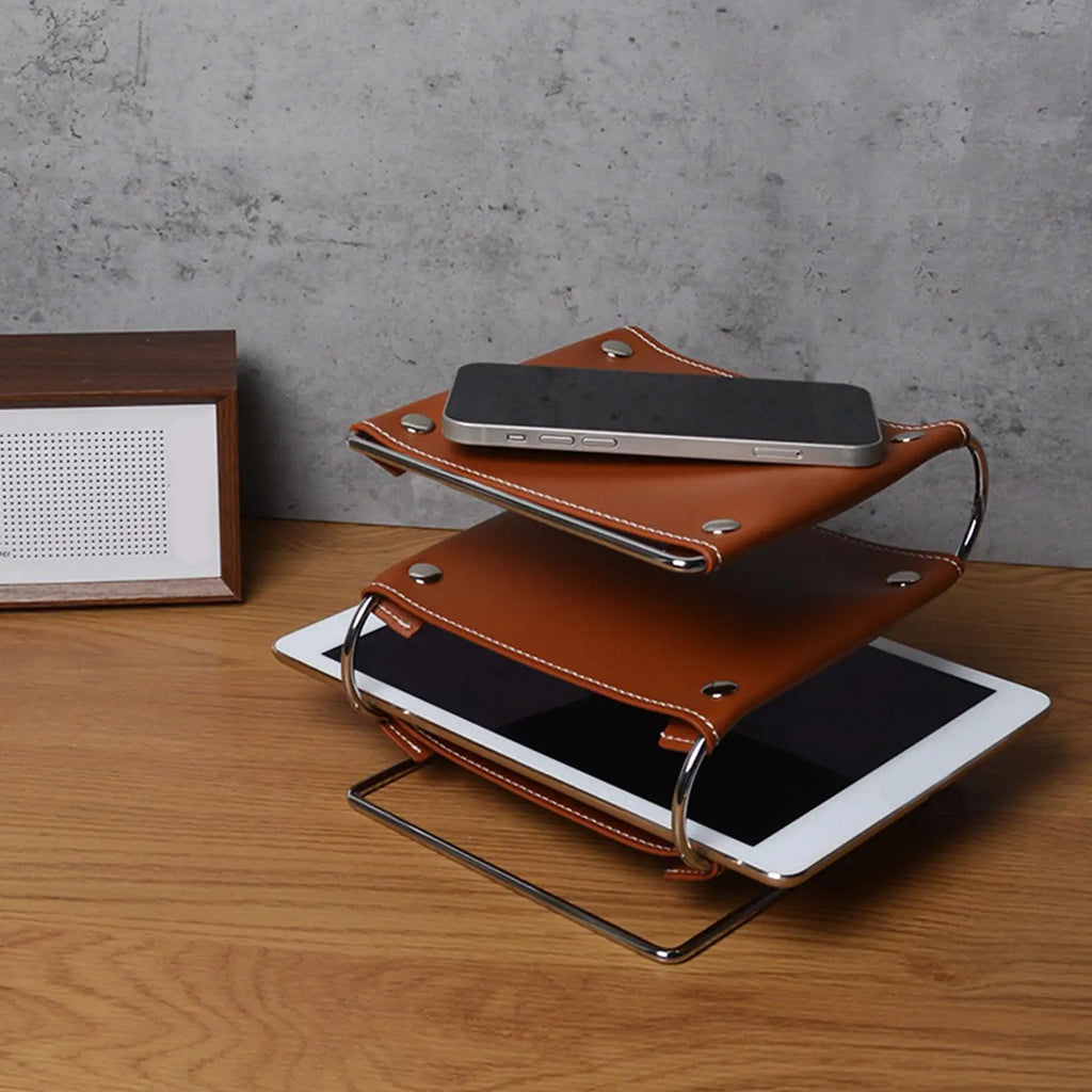 Three-Layer Desk Shelf Organizer in Brown | PU Leather & Metal Rack | File Sorting, Display & Multi-Use Storage