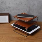 Three-Layer Desk Shelf Organizer in Brown | PU Leather & Metal Rack | File Sorting, Display & Multi-Use Storage