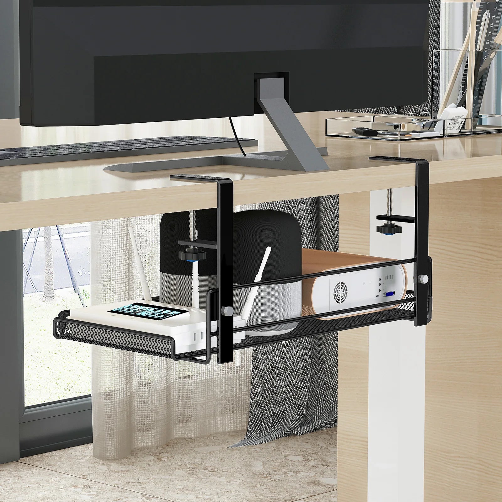 Under-Desk Hanging Storage Rack - Multi-Compartment Organizer | Small or Large | White or Black | Office & Home Workstation