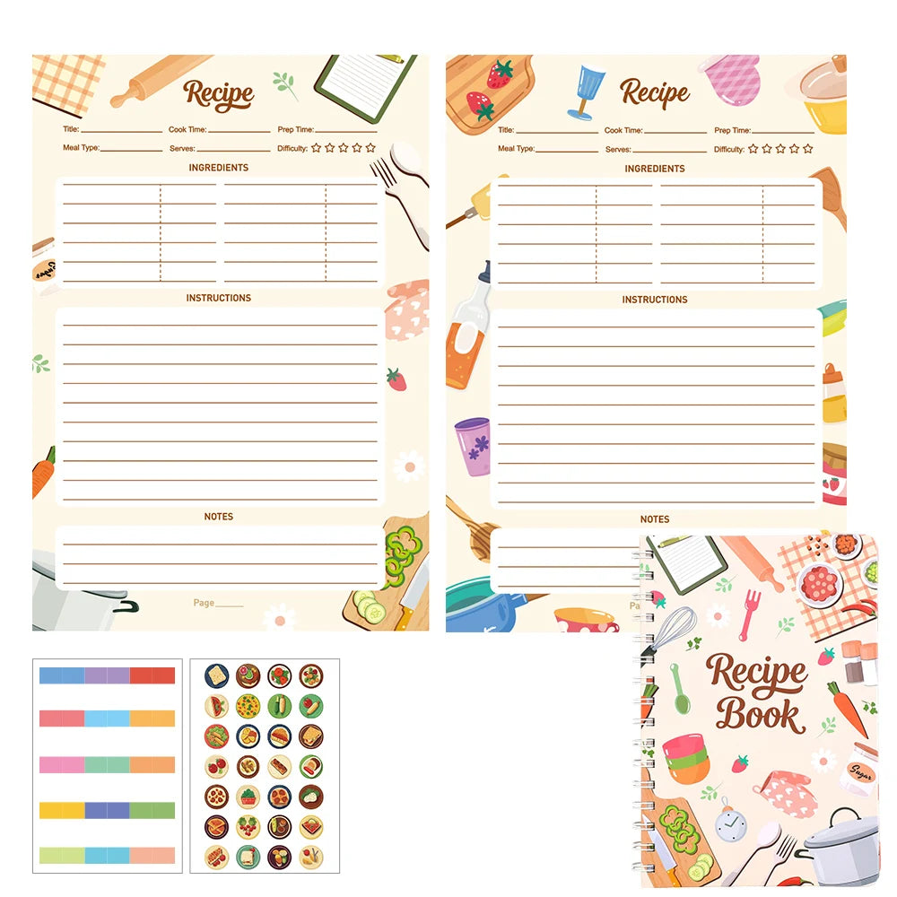 Recipe Journal – 120-Page Spiral Hardcover Recipe Book | Illustrated Inner Pages, Kitchen Conversion Chart & Food Stickers | 2 Cover Designs